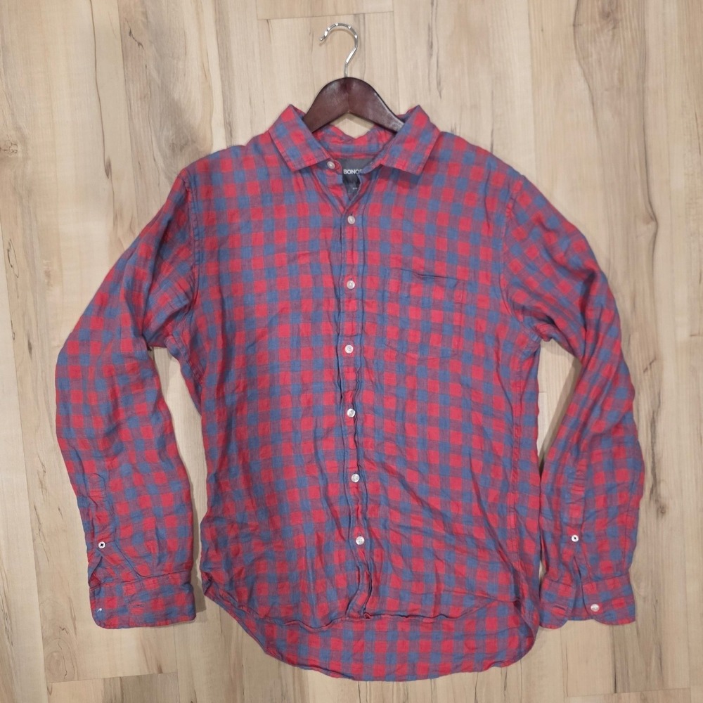 Bonobos Slim Fit Shirt Mens Medium Red Blue Check Plaid Long Sleeve Button Down